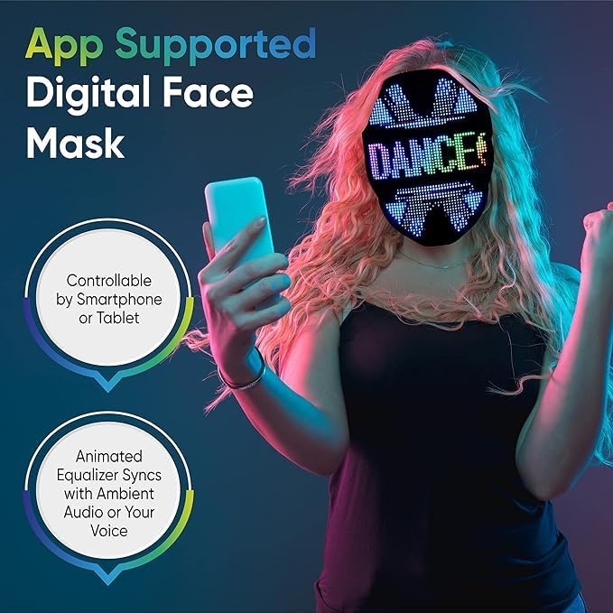 Pixel Stackers Glow Gear Face Transforming LED Mask App-Controlled Light Up Cosplay Mask with 115+ Animated Faces, Customizable LED Patterns, Rechargeable Battery Rave, Festival, Halloween, DJ Accessory - Image 2